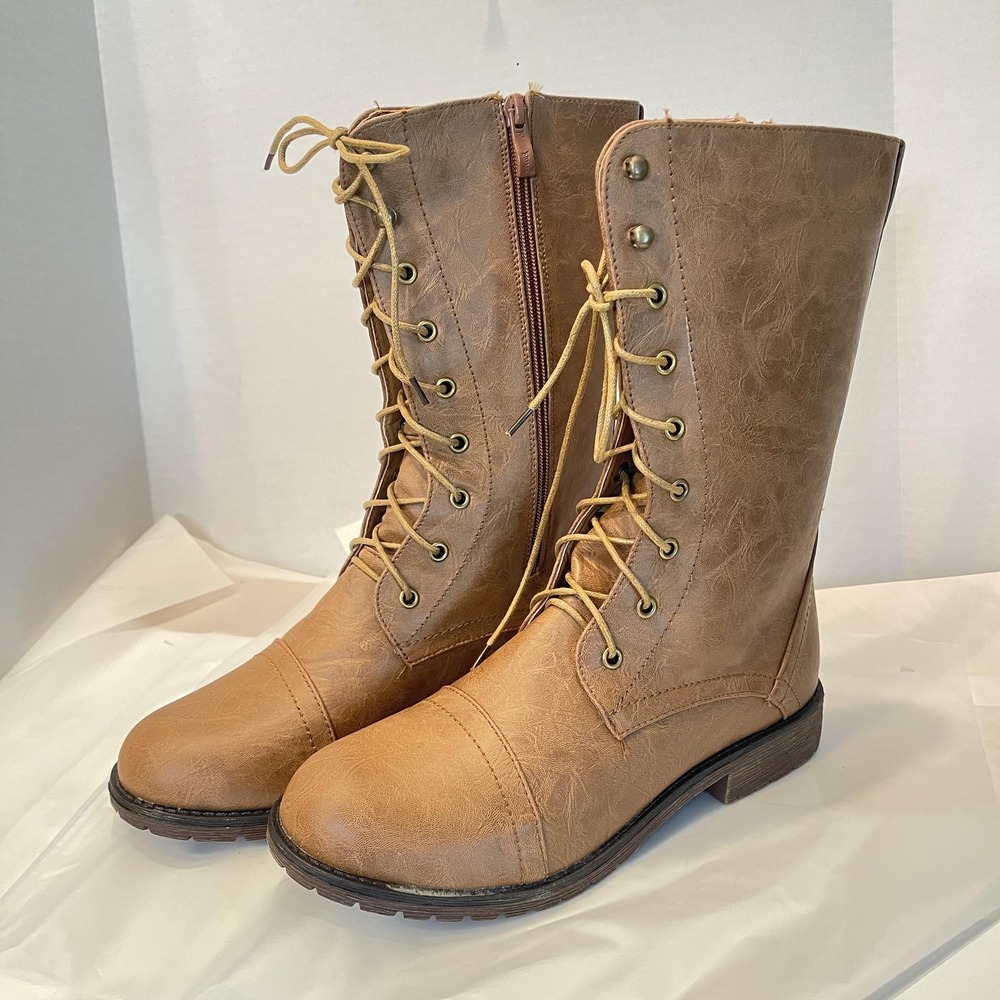 Nature Breeze Boots Womens Tan Lace‎ Up Combat Side Zip Faux Leather Lug Sole
